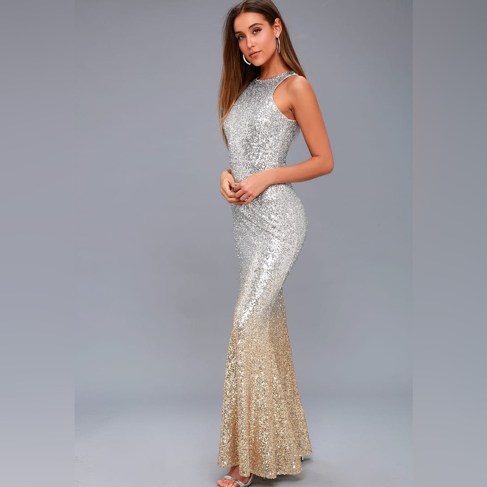 Infinite dreams lulus gold silver ombré sequin prom dress maxi evening ball gown